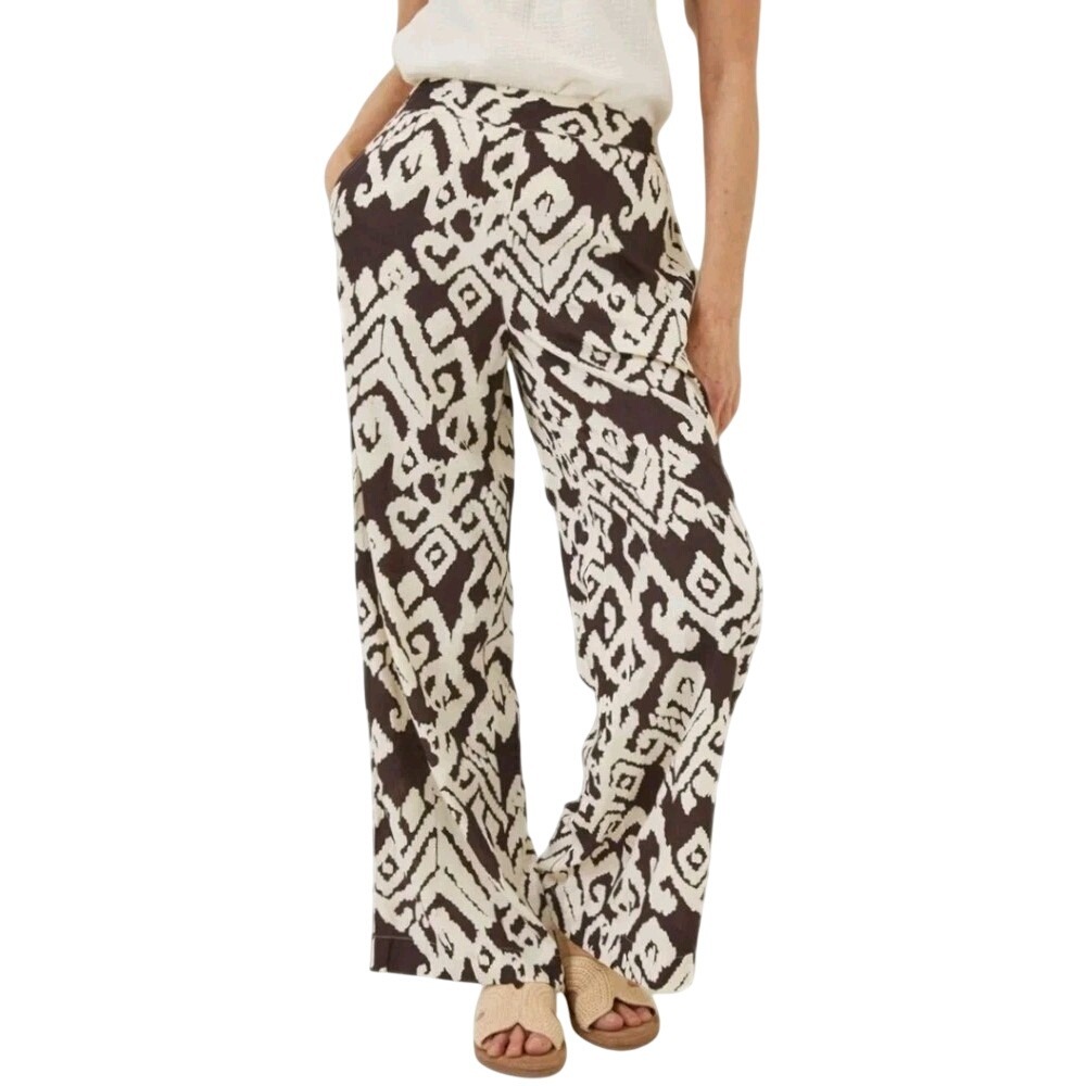 Fat Face Isla Bold Ikat Wide Leg Trousers Brown & Cream‎ Size 14